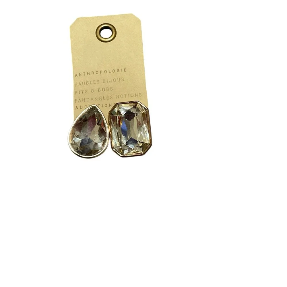 Anthropology Adorations Mismatched Faceted Crystal Statement Earrings Gold NWT